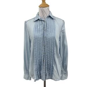 Sundance Shirt Women XS Extra Small Tessa Chambray Pleated Snap Buttons Collared